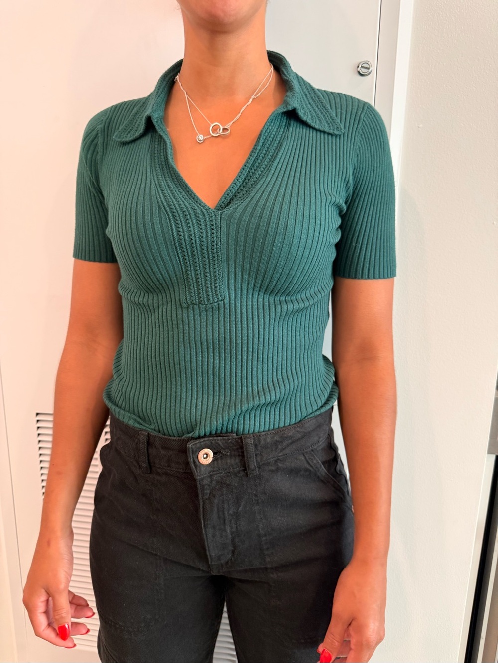 LOFT Teal Ribbed V-Neck Polo Short Sleeve Top